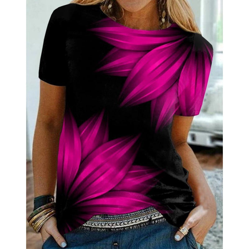 Artificial Cotton 3D Sunflower Print Round Neck T-shirt