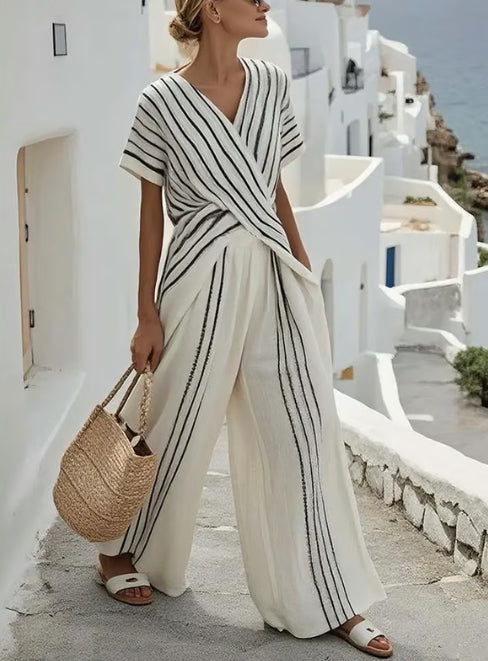 Crew-neck Striped Short-sleeve Top And Straight-leg Wide-leg Pants Two-piece Set