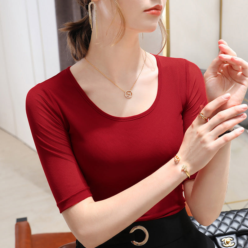 Women's Elegant Scoop Mesh T-shirt Solid Color Waist Stretch Top