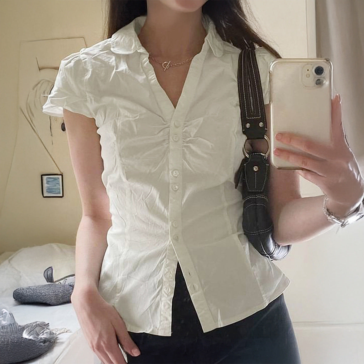 Pleated Stitching Lapel Short-sleeved Shirt Easy Matching Waisted Slimming College Top