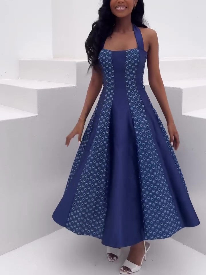 Royal Blue Geometric Print Halter Neck Waist-Cinching Flared Midi Dress