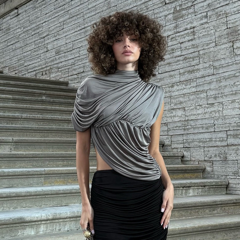 European And American Style Round Neck Top Sexy Waist Trimming Irregular