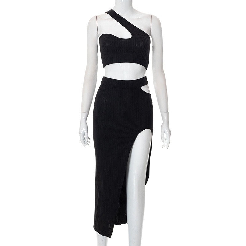 Summer Fashion Temperament Slim Fit Sexy Spicy Girl Outfit Solid Color Slit Thread Skirt Set