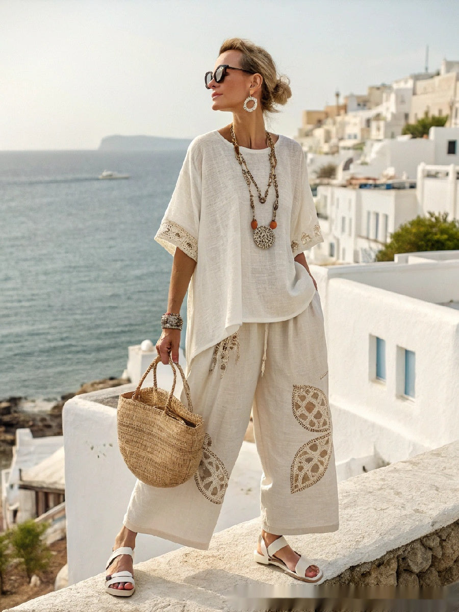 Mixed Color Stripe Casual Loose Wide Leg Cropped Pants Suit