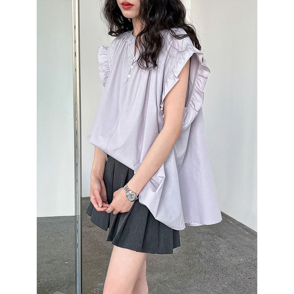 Casual Lace Ruffle Sleeve Shirt Top V-neck Buttons Pleated