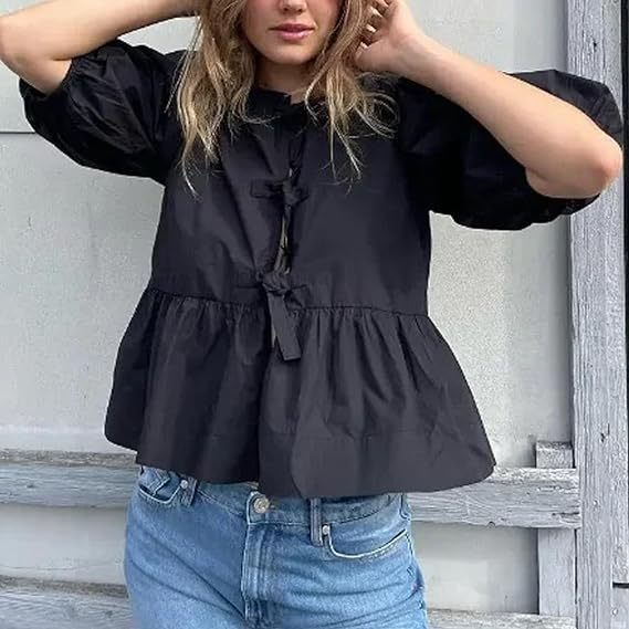 Spring And Summer New Women's Sweet And Casual Round Neck Bubble Sleeve Tied Striped Shirt