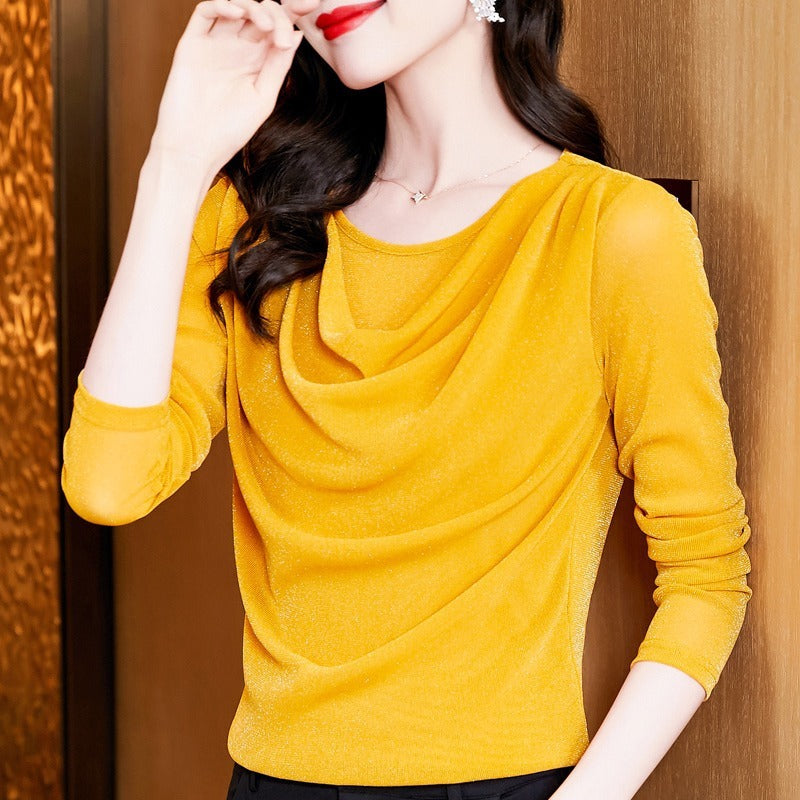 Round Neck Shiny Silk Long Sleeve Pullover Elegant Top