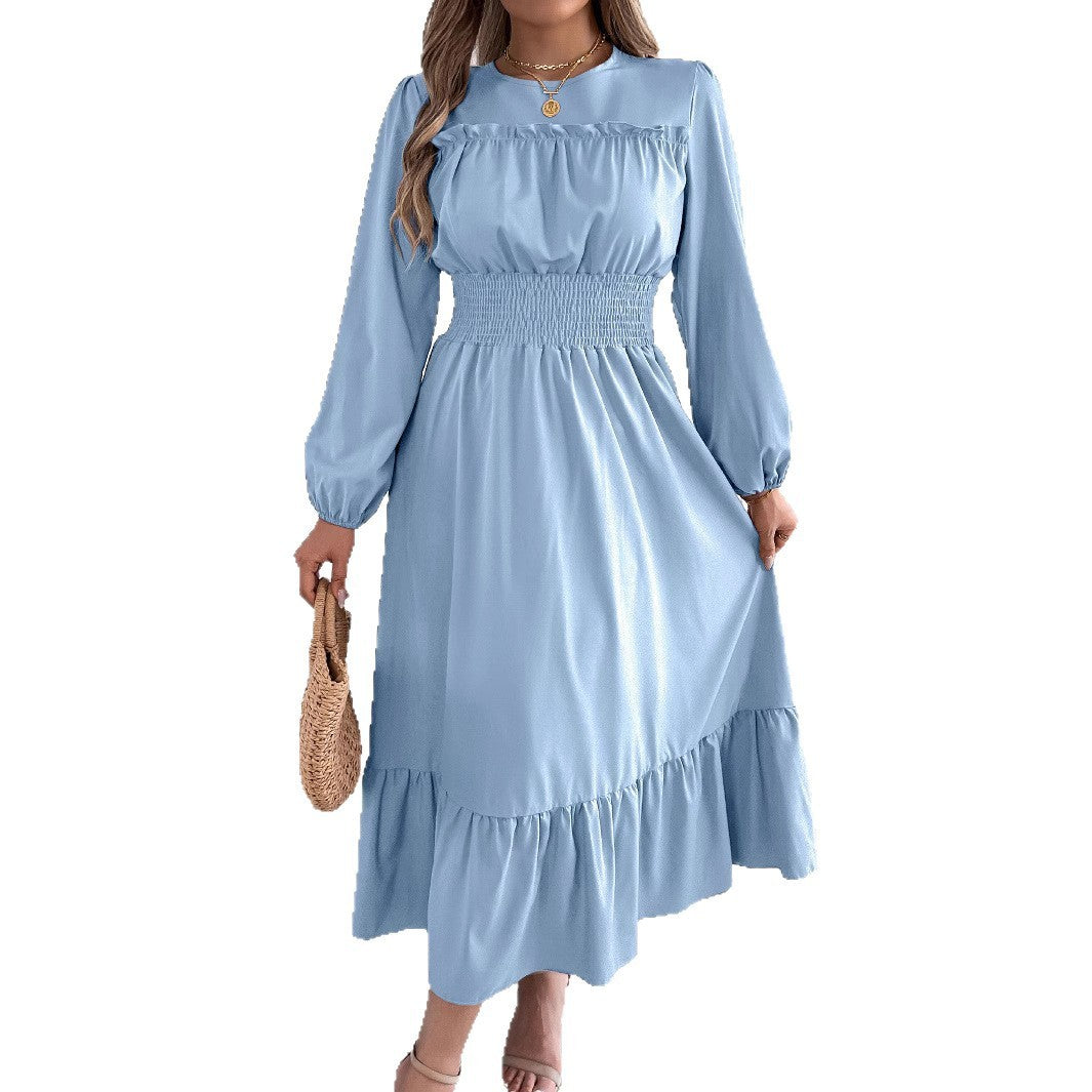 Women's Solid Color Stringy Selvedge Cinched Pleated Long Dress