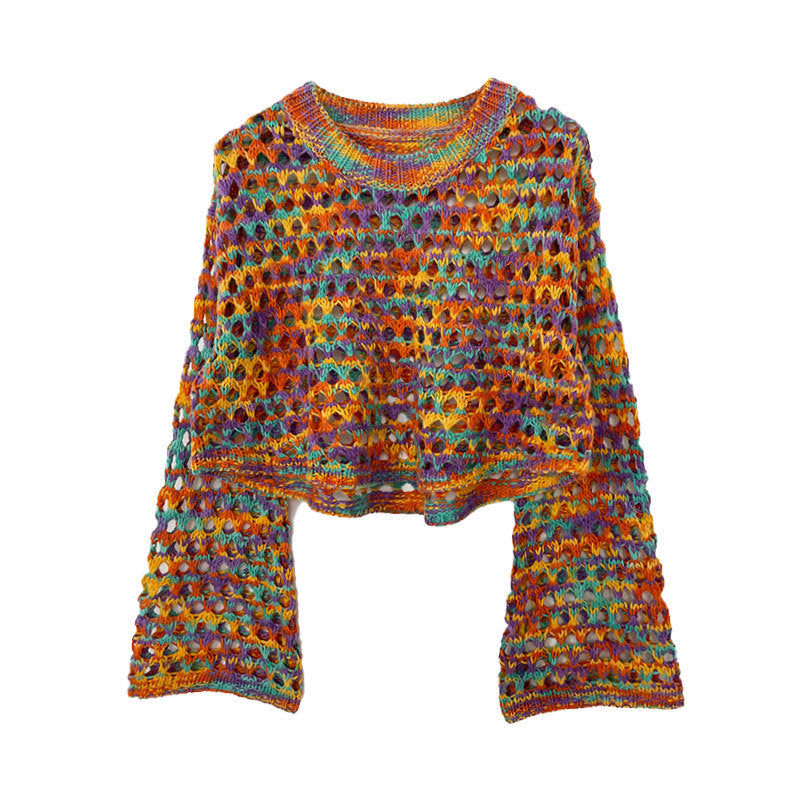 Iridescent Crew-neck Hollow-out Loose Cropped Top