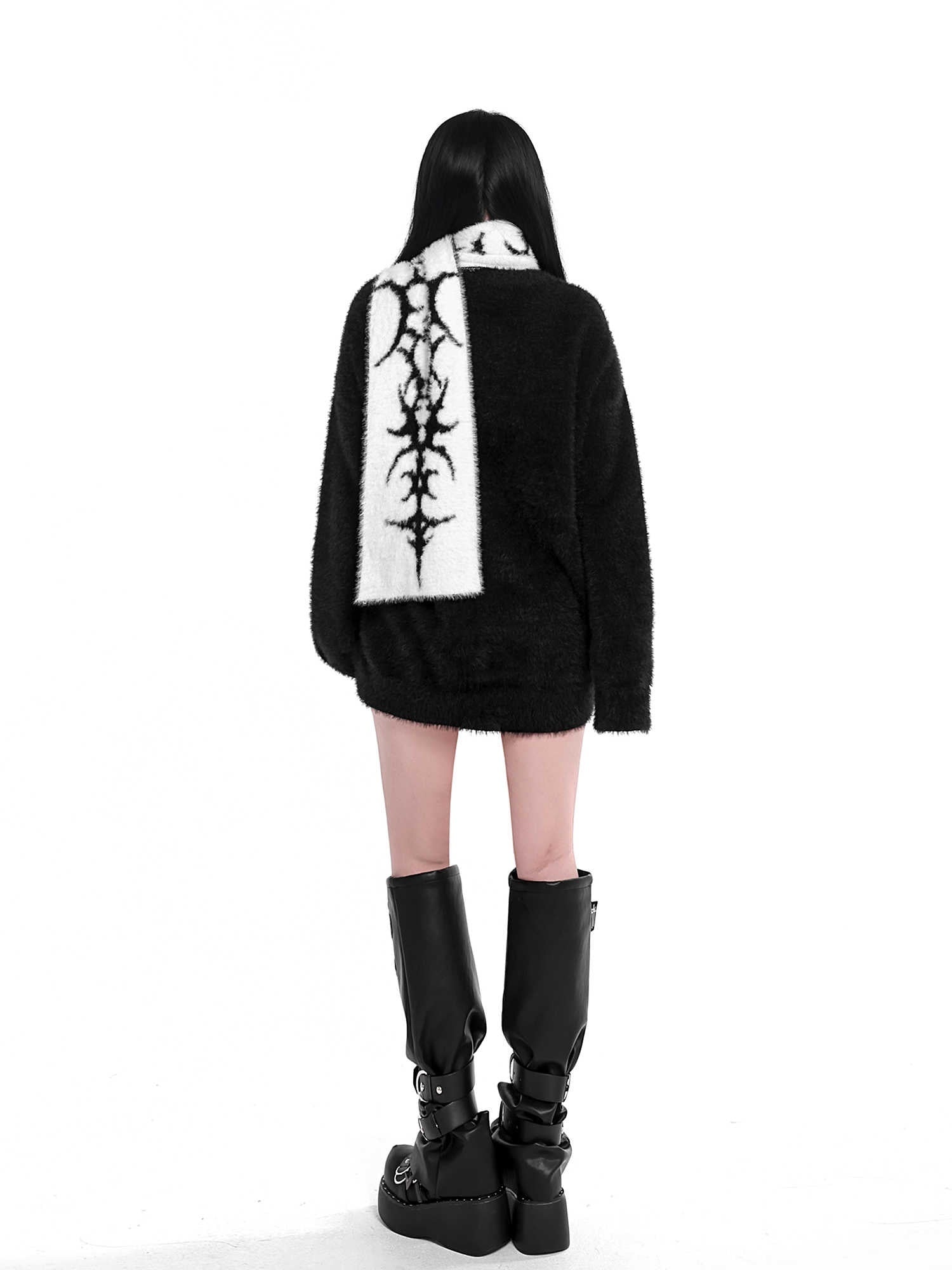 Gothic Dark Black White Gray Double-sided Faux Mink Scarf