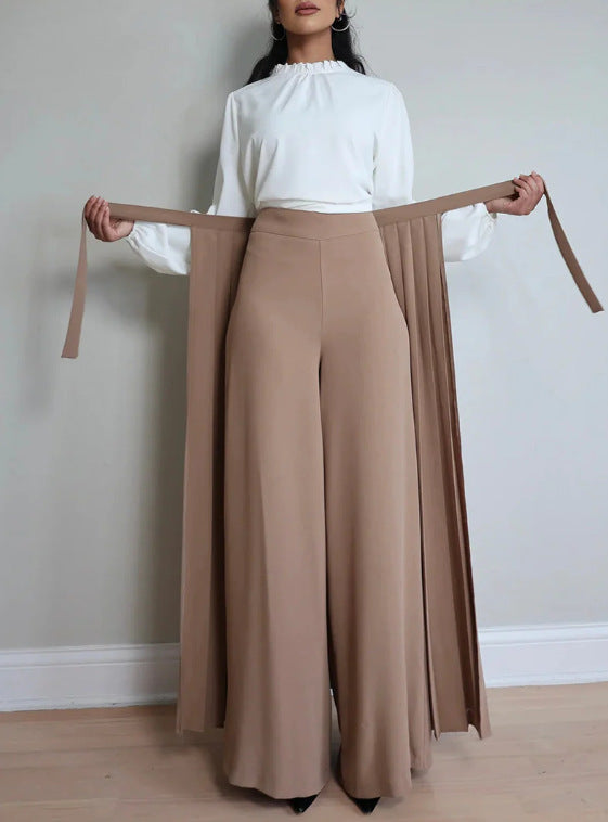 Solid-Color Wide-Leg Pleated Pants With Ties