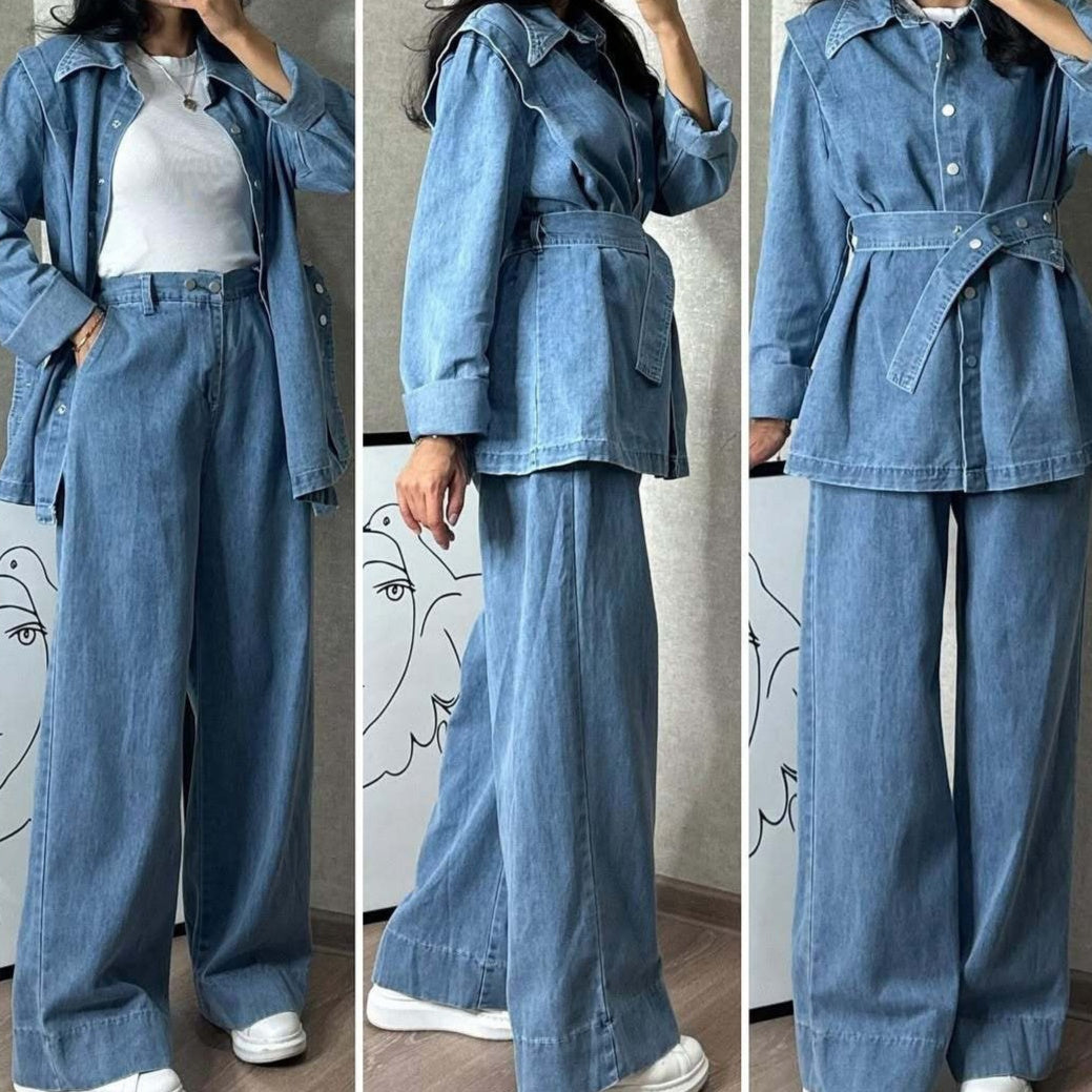 Womens Long-Sleeve Denim Jacket And Wide-Leg Jeans Two-Piece Set
