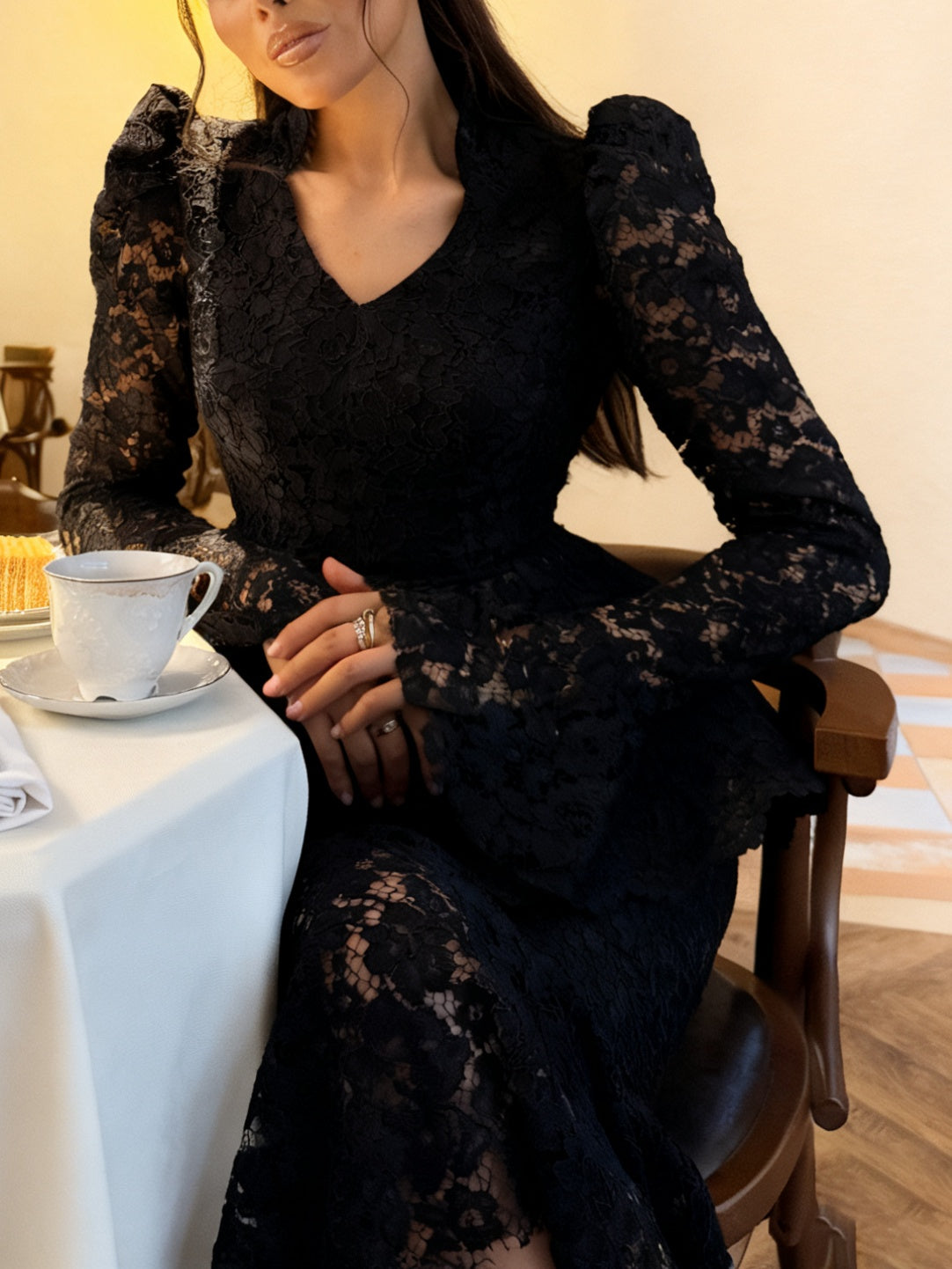 Glamorous Black Lace Peplum Top & Midi Skirt Set