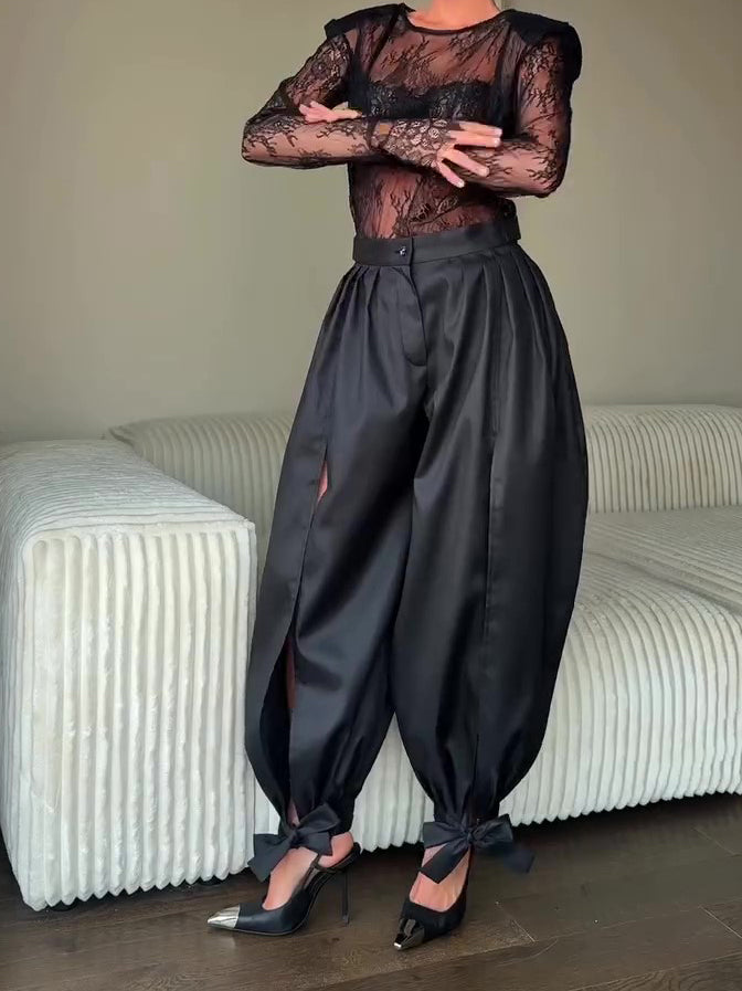 Black  Slit Bow-Tie Ankle Wide Leg Pants