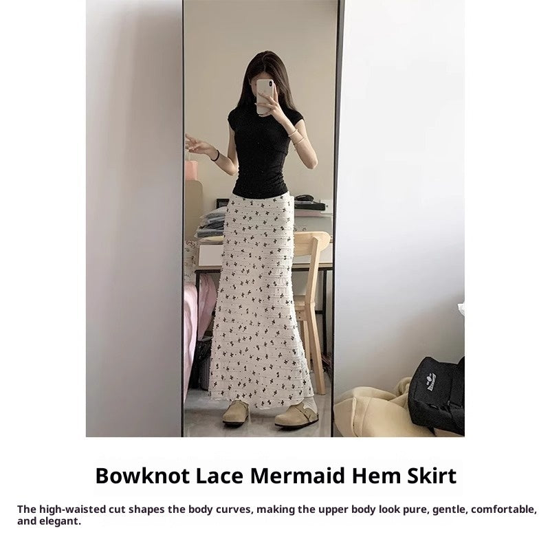 White Bow Floral Fishtail Midi Skirt For Women