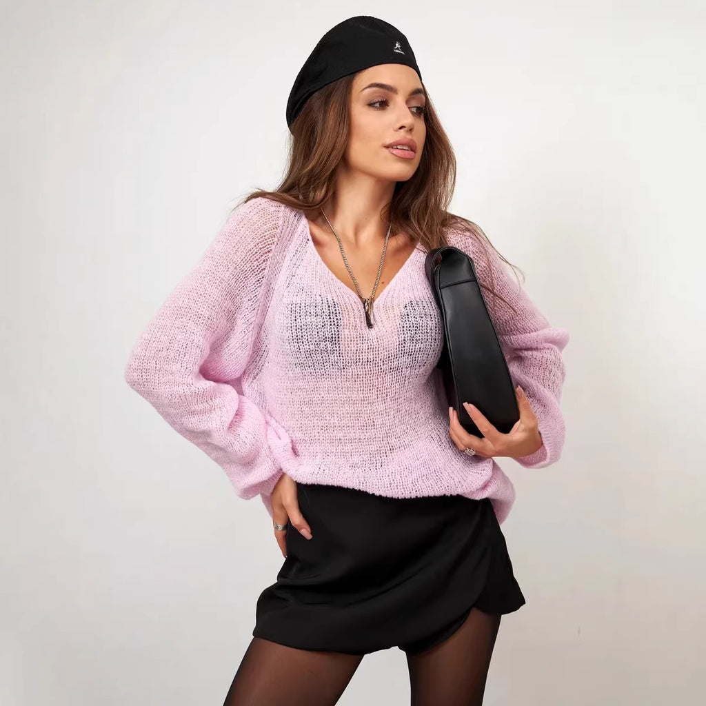 Slim-fit V-neck Solid-color Sweater