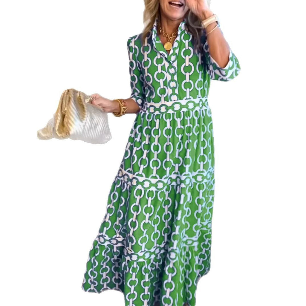 Spring And Summer Geometric Printed Round Neck Women's Maxi Dress