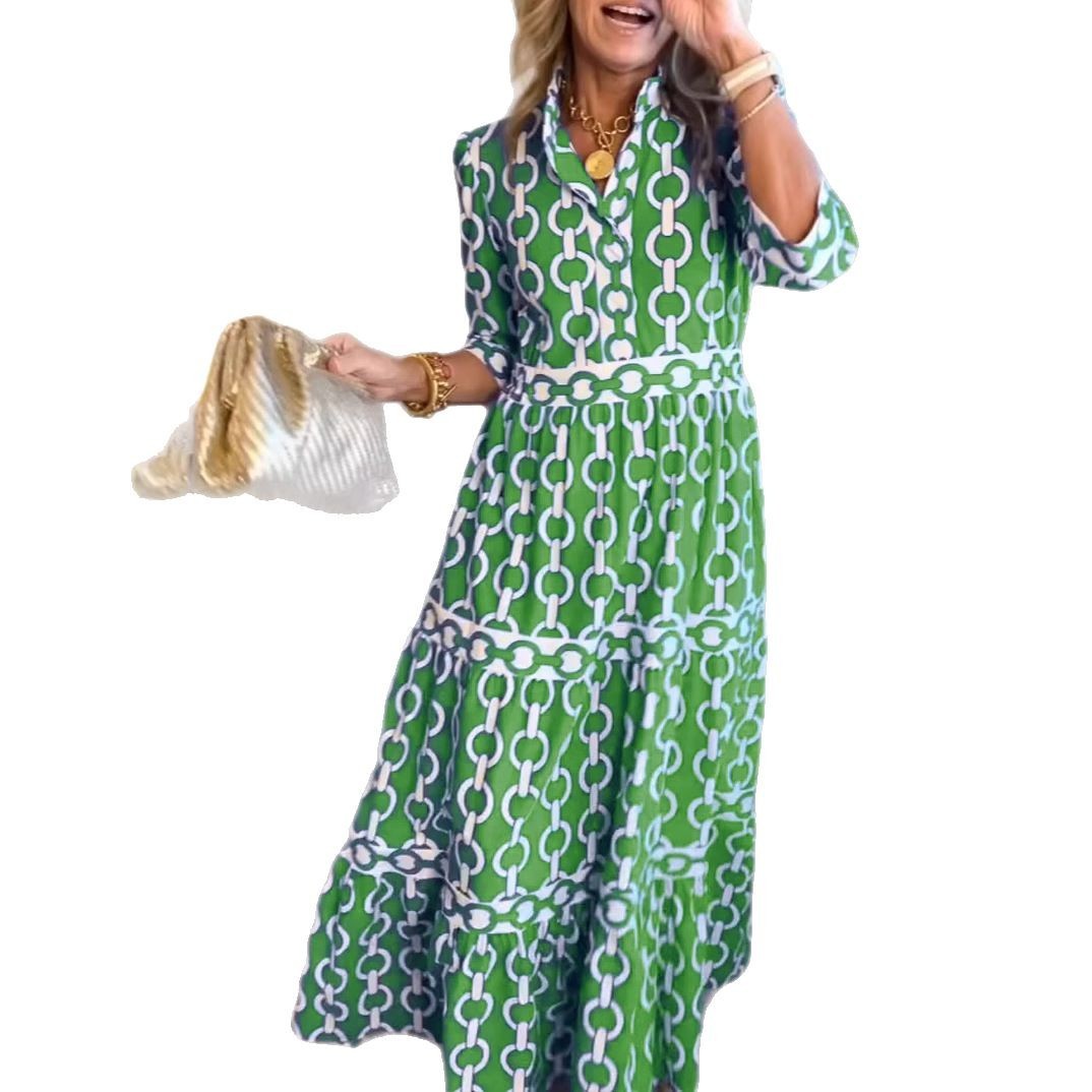 Spring And Summer Geometric Printed Round Neck Women's Maxi Dress