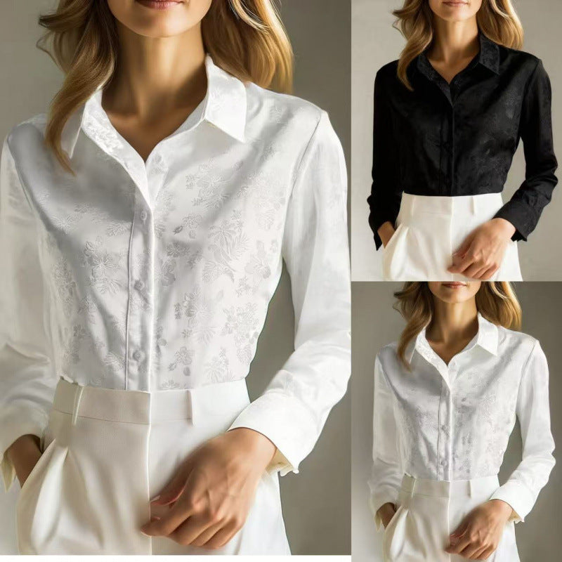 New French Jacquard Subtle Pattern Lapel Long Sleeve Shirt Women's Clothing