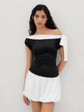 Womens Color-Block Slim-Fit Off-Shoulder Bow-Tie Neck Sleeveless Top