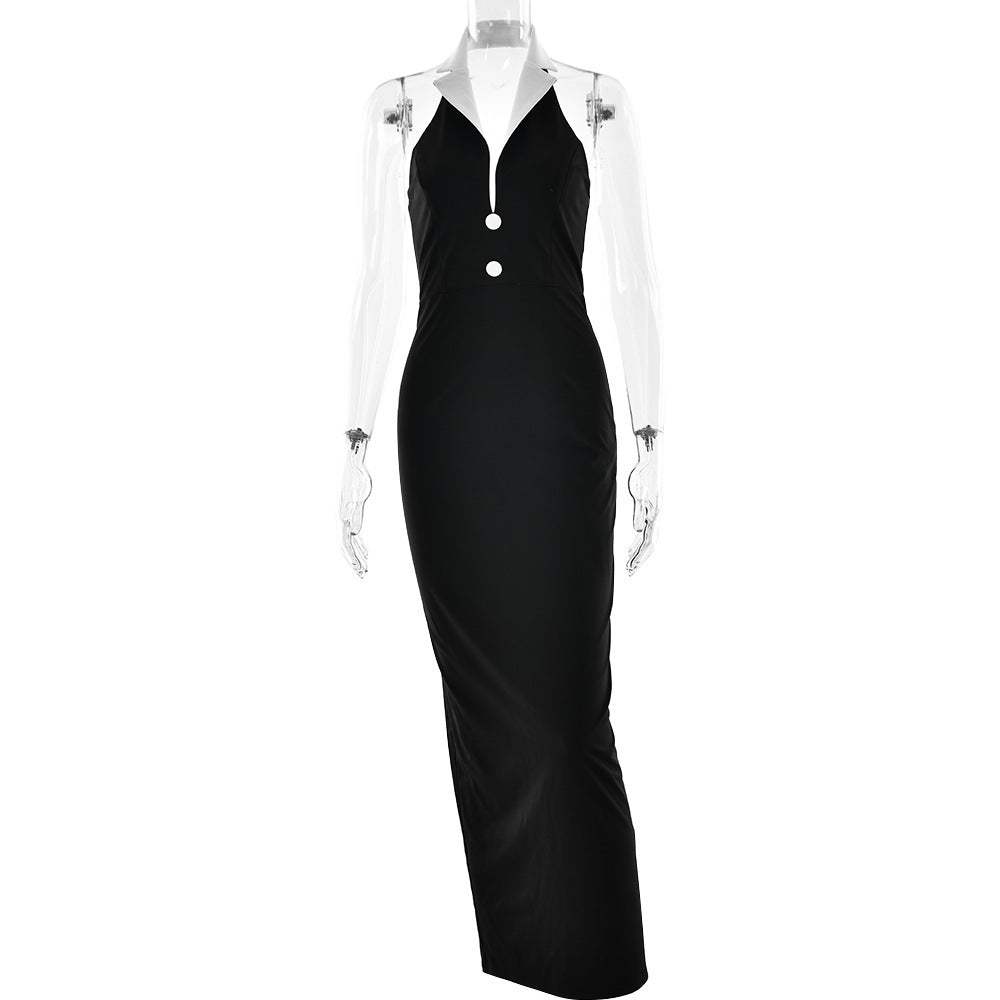 Lapel Backless Slit Dress