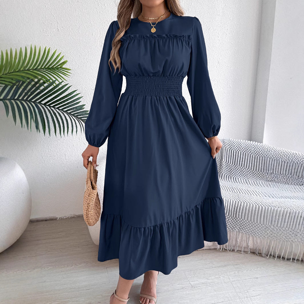Women's Solid Color Stringy Selvedge Cinched Pleated Long Dress