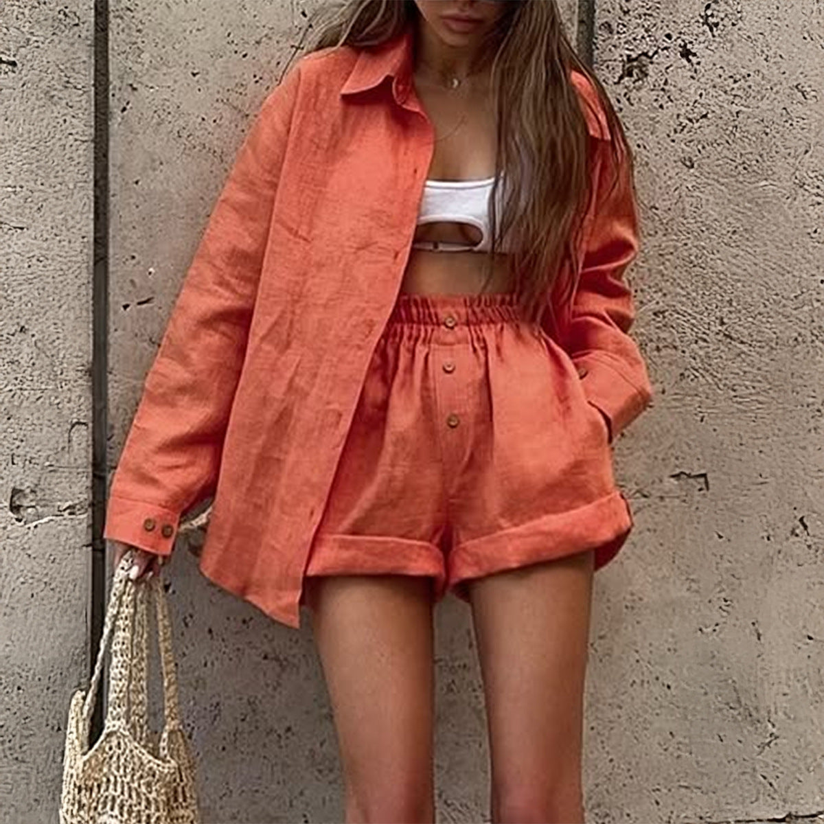 Womens Solid-Color French-Style Vintage Shirt And Shorts Set