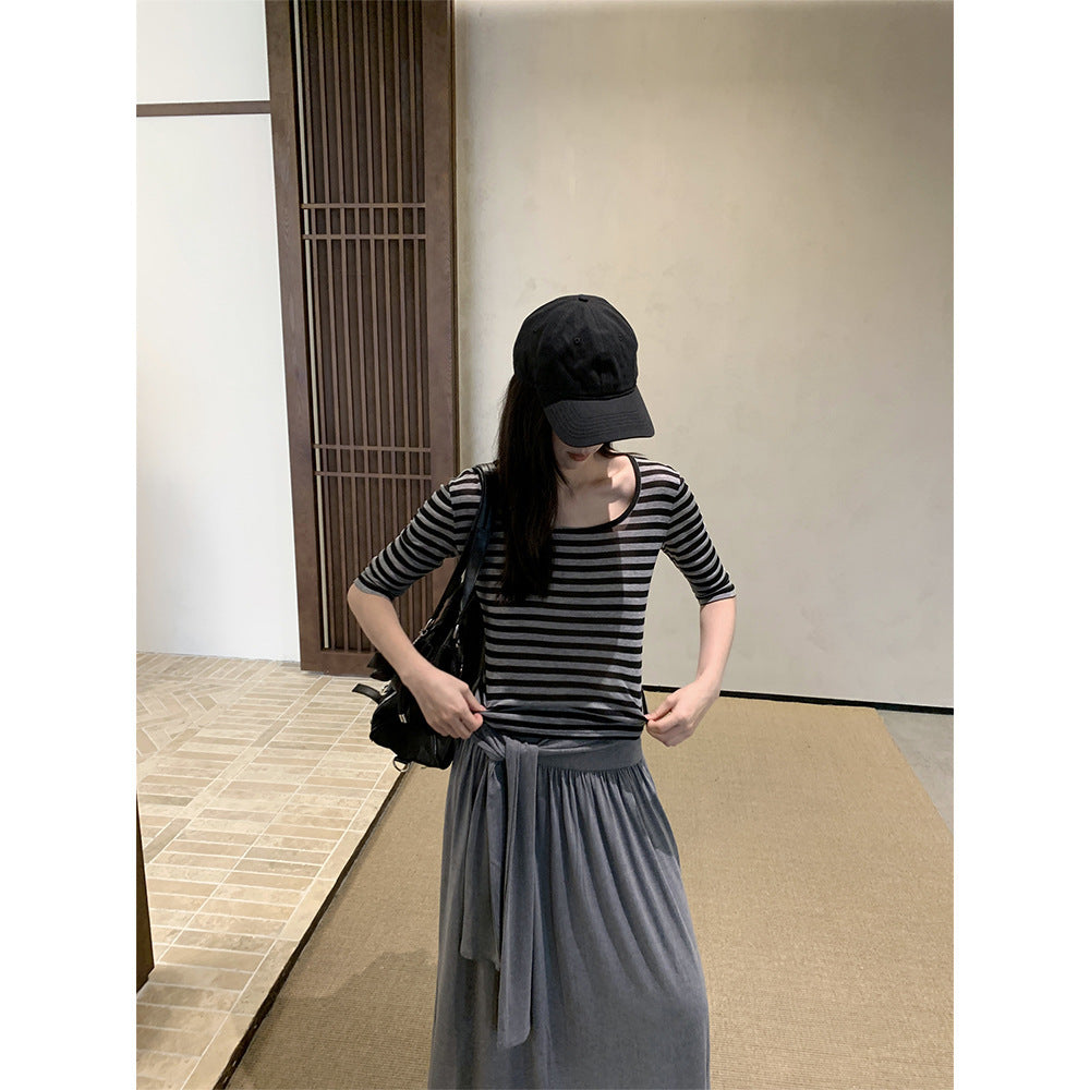 Summer U-neck Striped T-shirt Women's Elastic Mid-sleeve Top