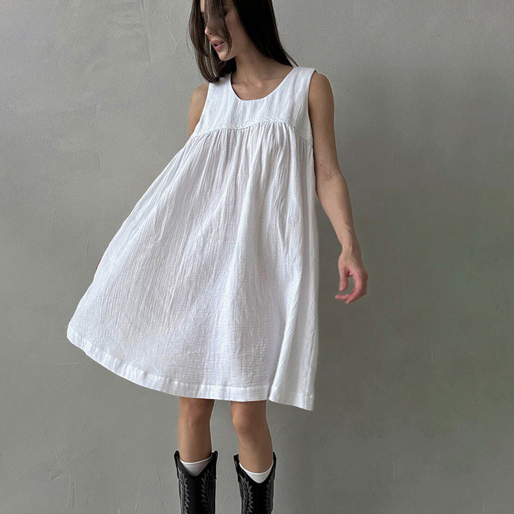 Casual White Tank Dress Cotton Crinkle Fabric Sleeveless & Loose-fitting Dress