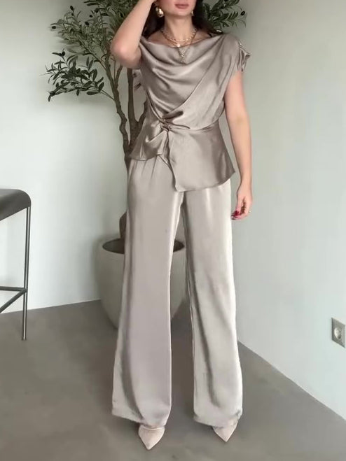 Light Champagne Satin Draped Neck Twist Top & Wide-Leg Pants Set