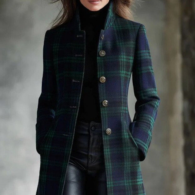 Womens Single-Breasted Plaid Long-Sleeve Long Cardigan Coat