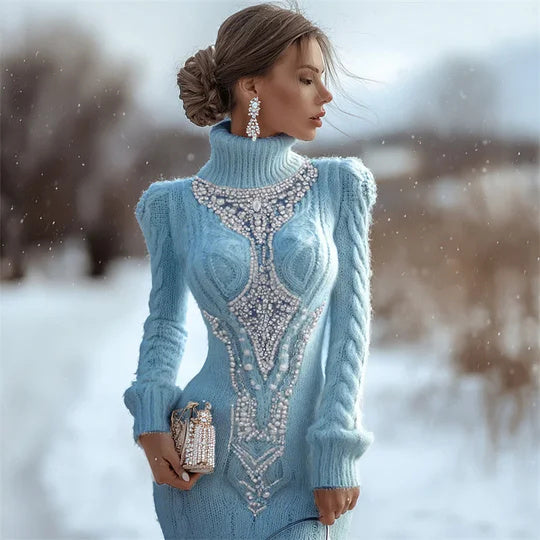 Printed Women's Slim-fit High-neck Bodycon Dress Sweater