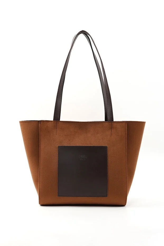 Large Faux Leather Zip Closure Tote Bag With Front Pocket Hand Arm And Shoulder Bag Brown