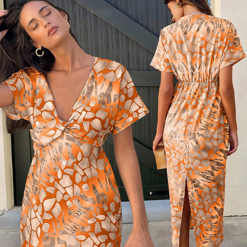 Slim Fit Vacation Style Sexy V-neck Mid-length Dress