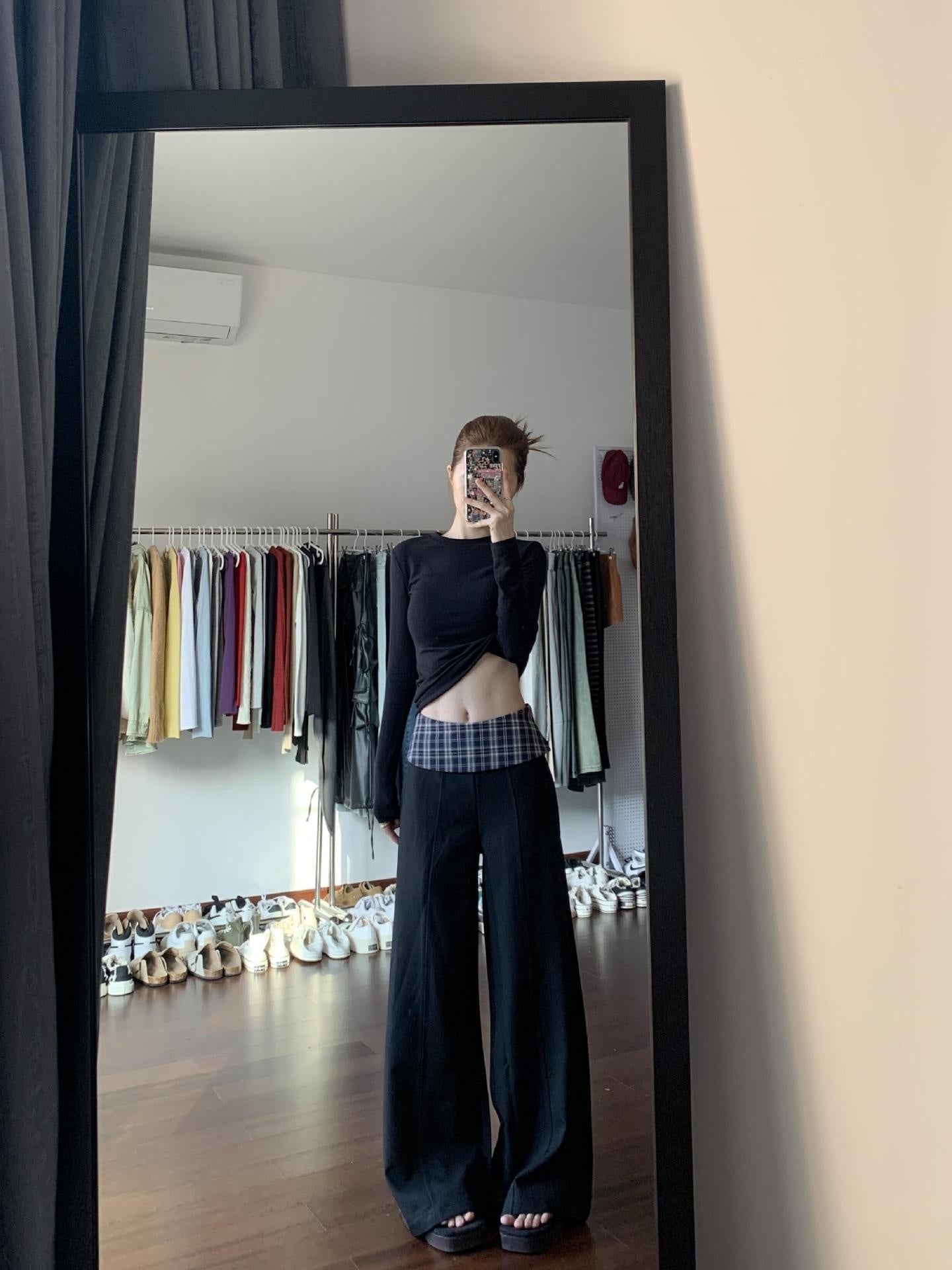 Women's High Waist Loose Plaid Patch Casual Wide Leg Pants