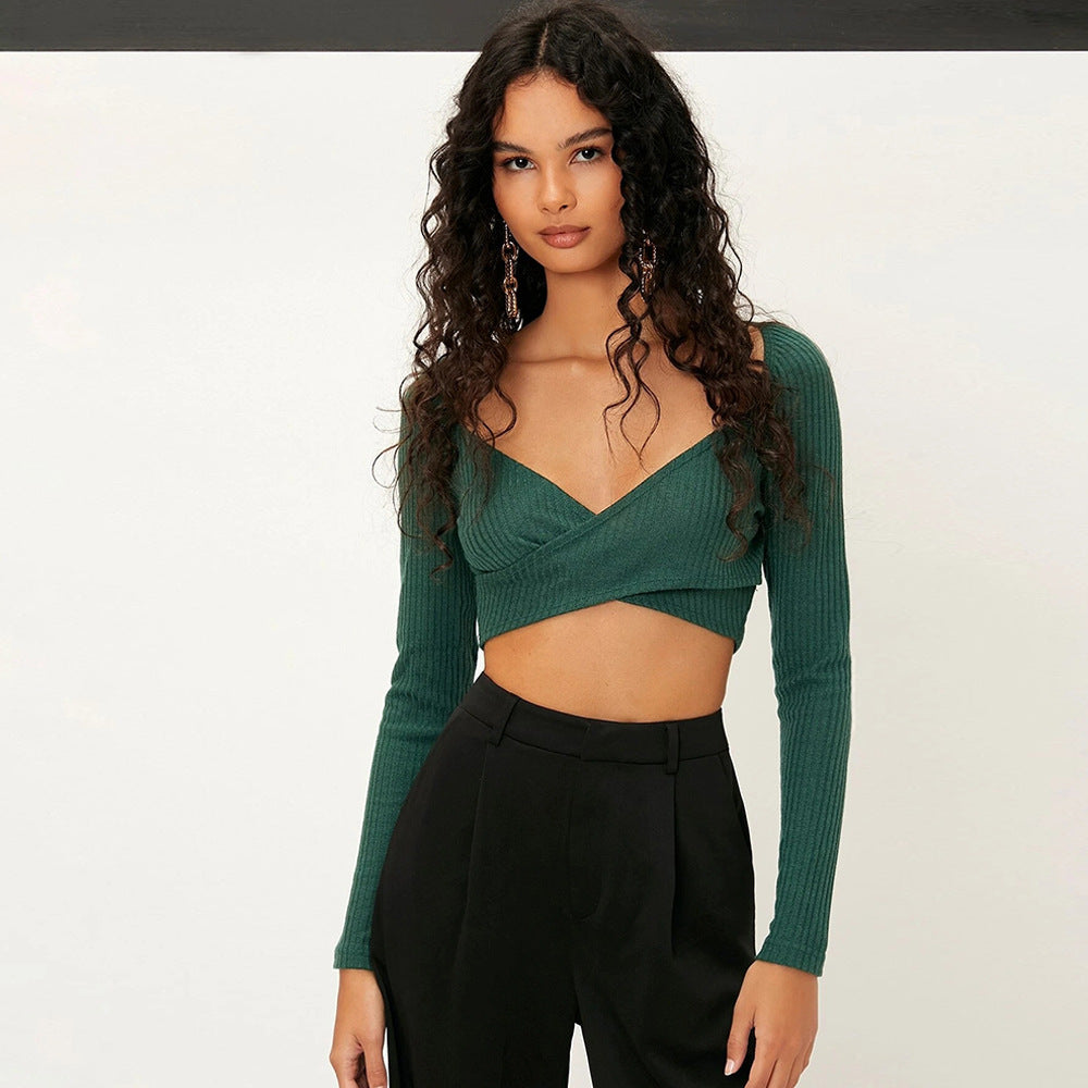 Sexy Crop Top V-neck Women's Solid Color Versatile Slim-fit Knit T-shirt