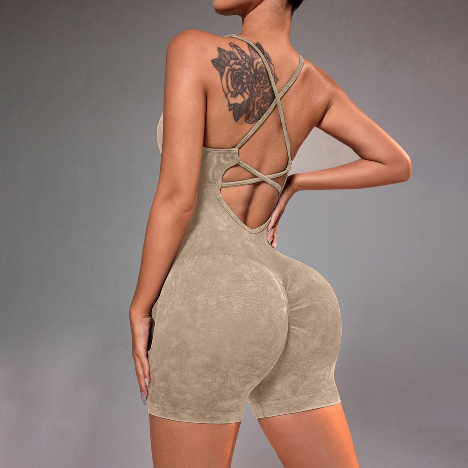 Seamless Sports Jumpsuit With Cross Exposed Back, Quick Drying, Sexy Suspender, Fitness Outerwear, Yoga Suit