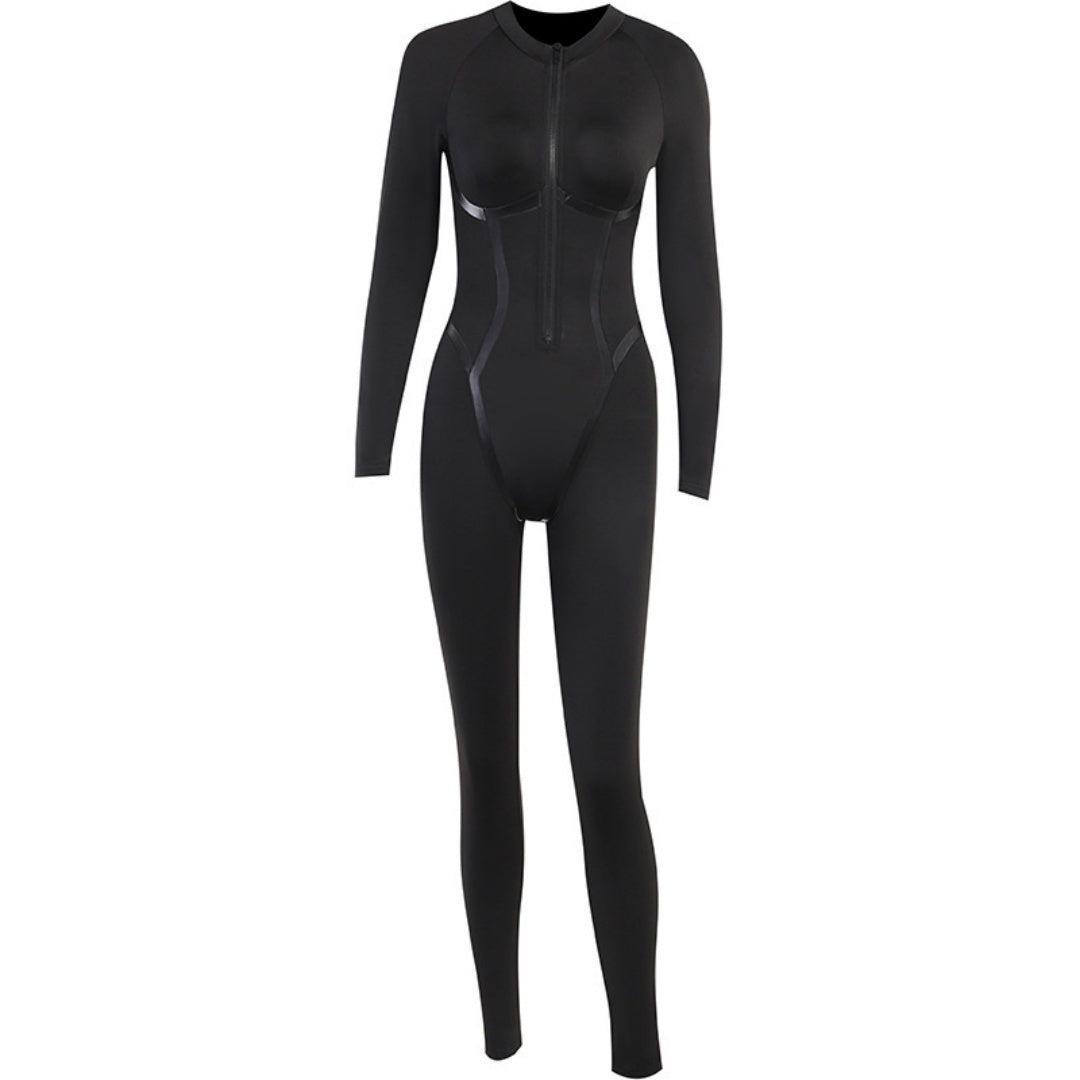 Fashion Sports Leather Ribbon Split Line Long Sleeve Zipper Skinny Hip Raise Jumpsuit