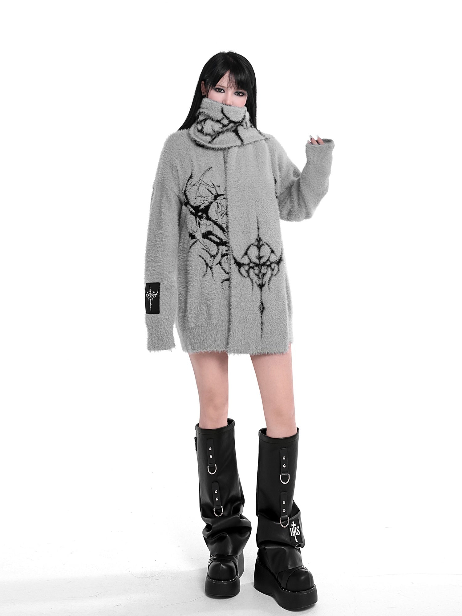 Gothic Dark Black White Gray Double-sided Faux Mink Scarf