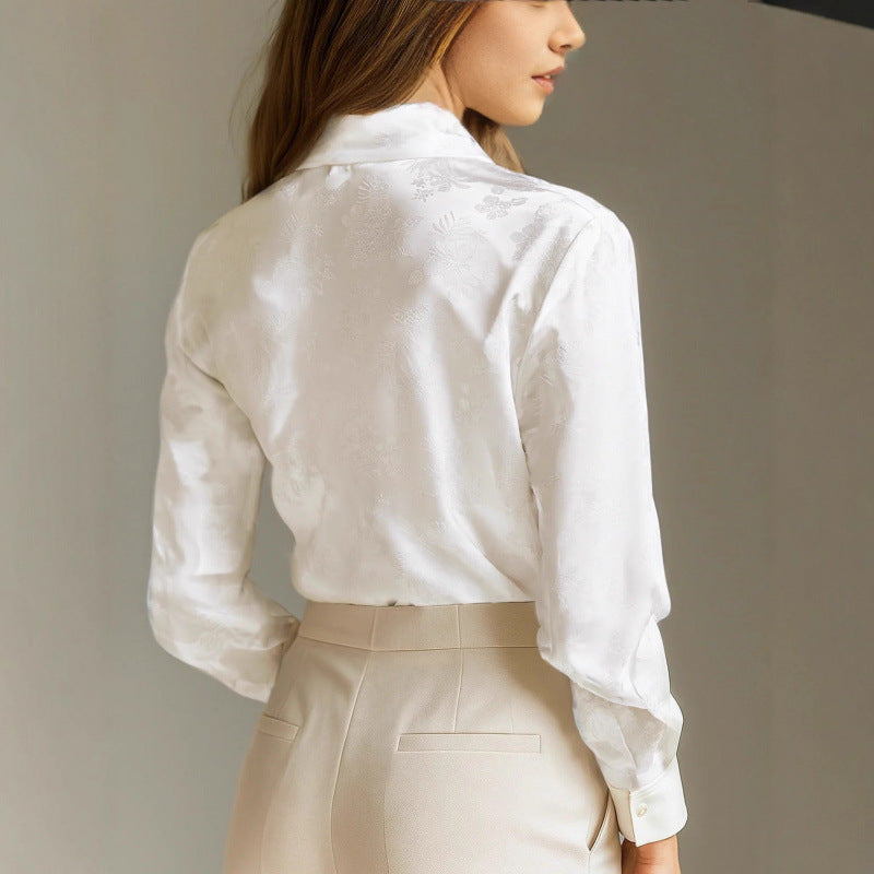 New French Jacquard Subtle Pattern Lapel Long Sleeve Shirt Women's Clothing