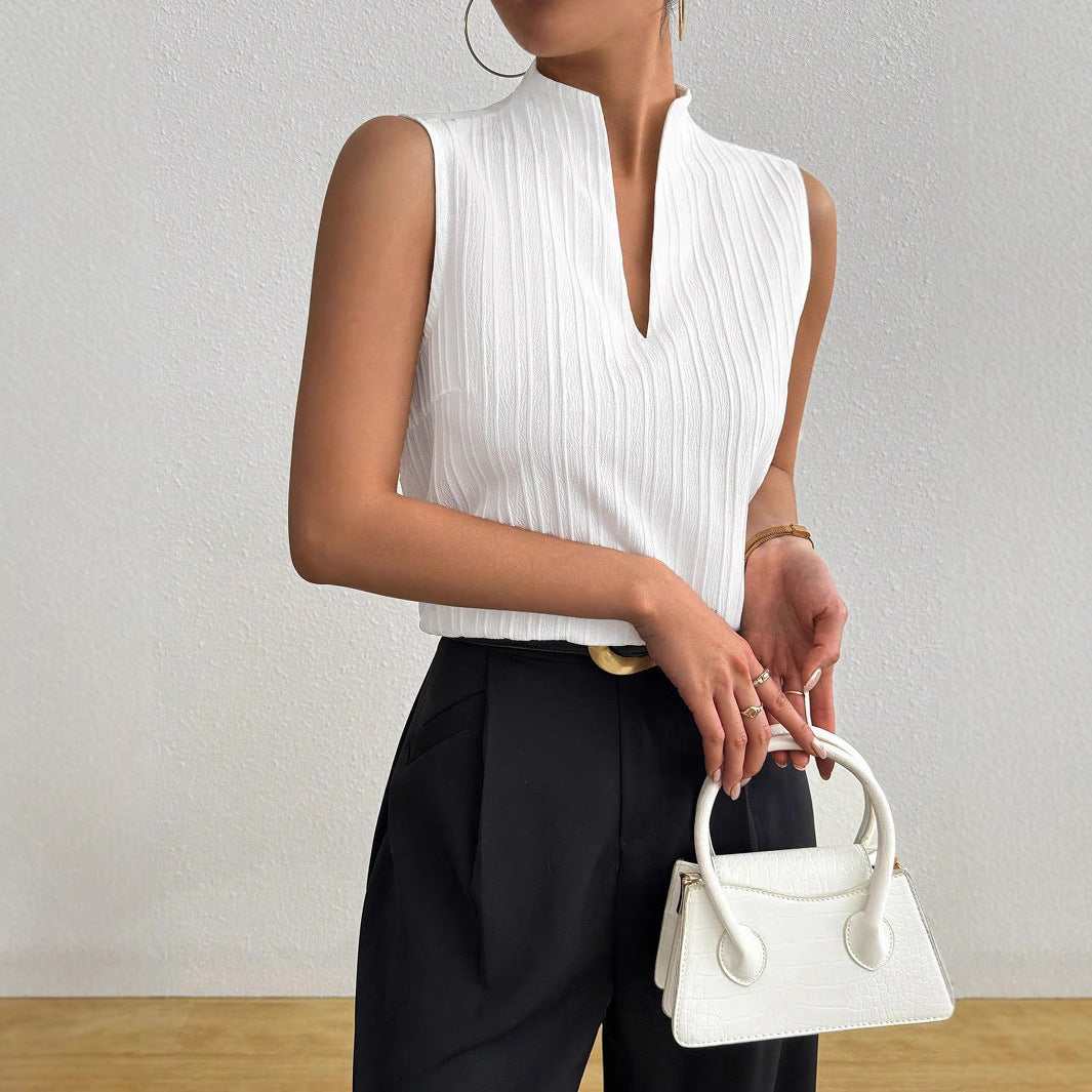 European And American Women's Top Solid Color And V-neck Slim Fit Slimming Sleeveless Texture Short Sleeve