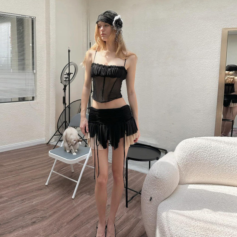 Mesh Top Sexy Hot Girl Pleated Low Waist Pleated Skirt Suit