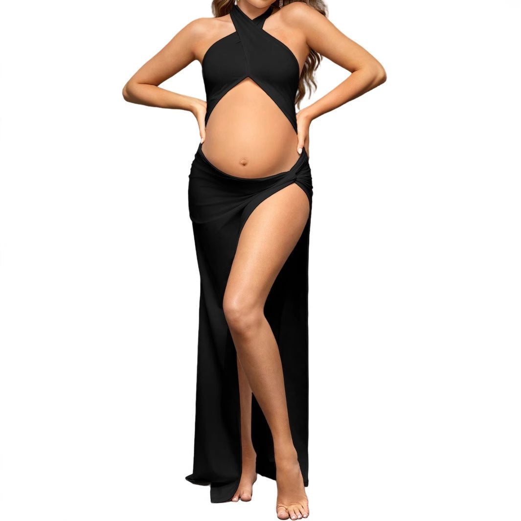 Slim Fit Pregnant Women Mopping Split Hollow Solid Color Dress