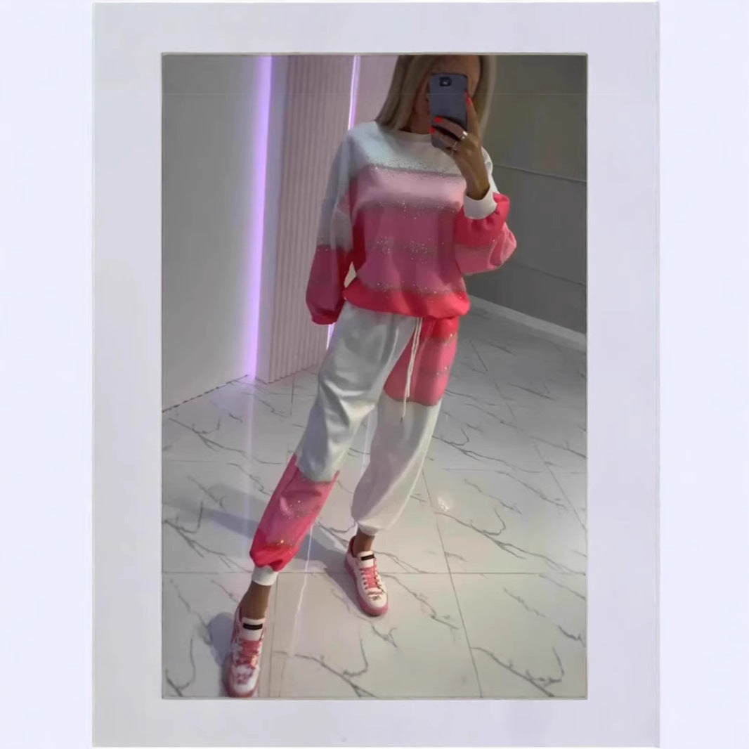 Women's Casual Dusting Powder Striped Top Drawstring Two-piece Pants