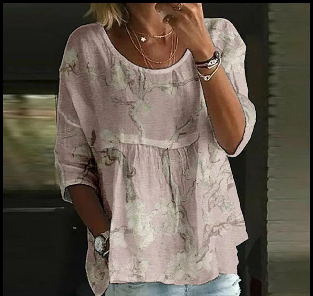 Women's T-shirt Casual Spider Bat Digital Print Mid Sleeve Pleated Round Neck Top