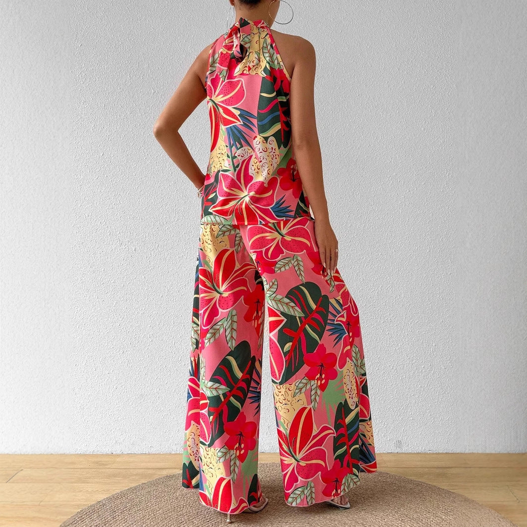 Womens Printed Crew-Neck Tank Top And Wide-Leg Pants Set