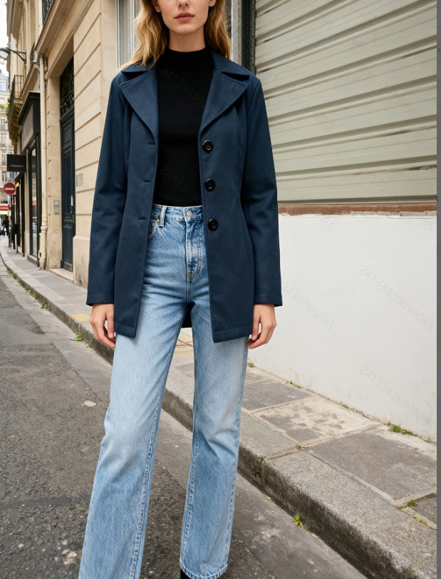 Womens French-Style Vintage Notch-Collar Wool Coat Relaxed Fit