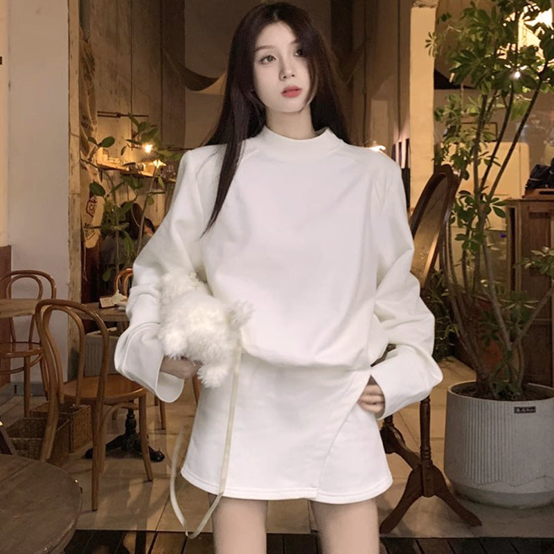 Harajuku Style Fleece Lined Sweater And Skirt Set For Women