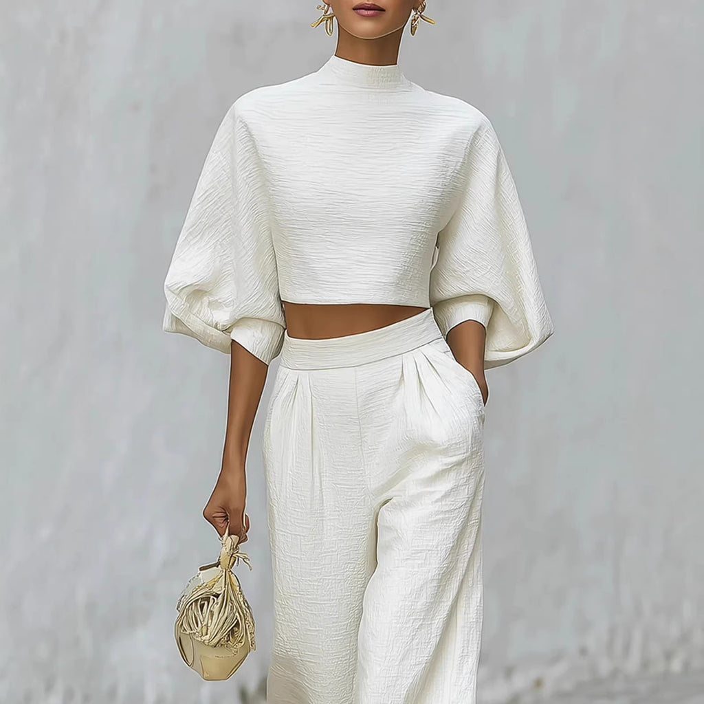 Womens Short Top And High-Waisted Casual Pants Two-Piece Set