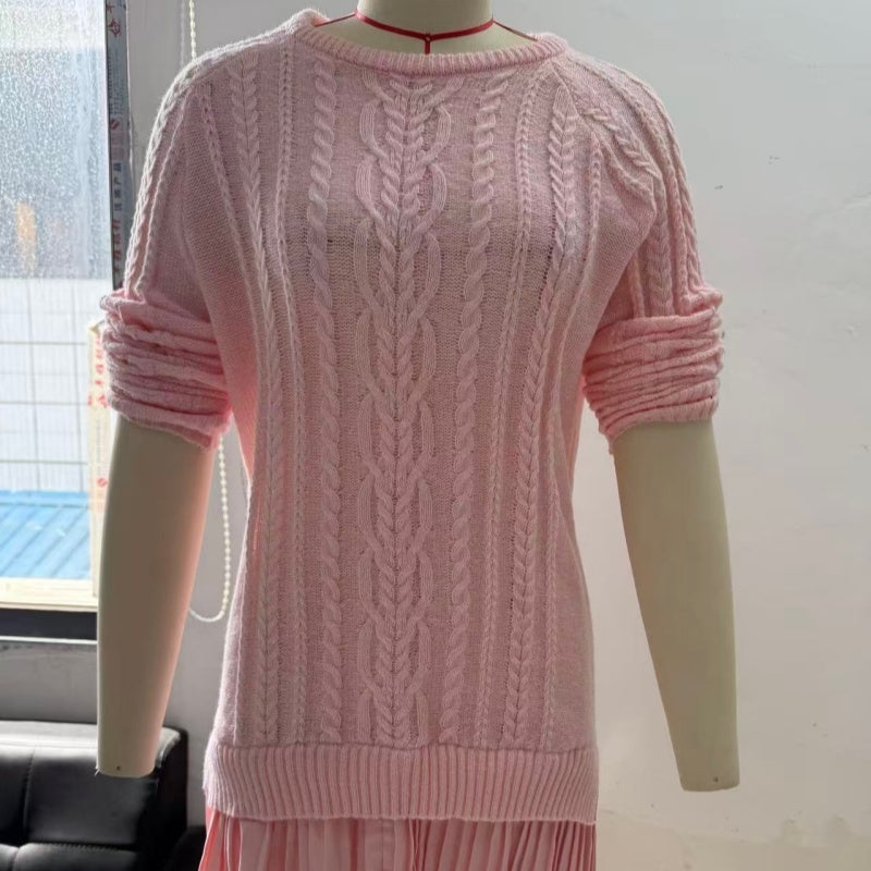 Round-neck Twisted Knit Chiffon Spliced Sweet Mini Dress